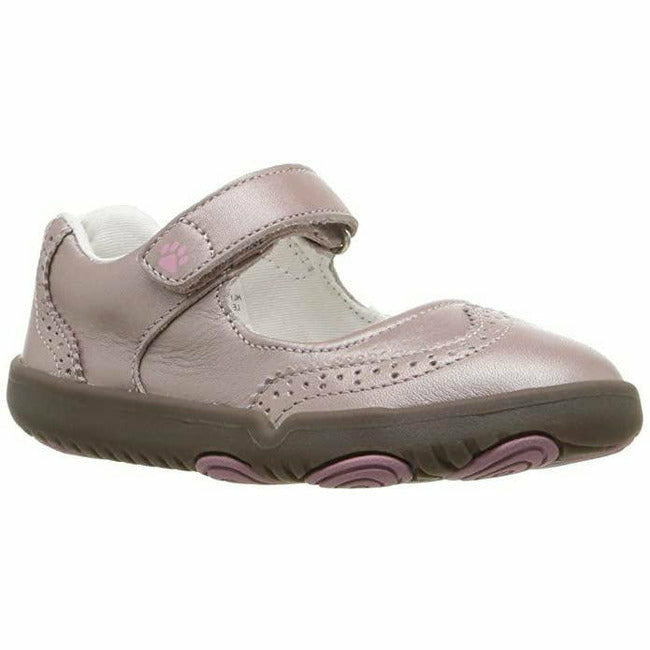 Front angled view of Hush Puppies Mary Jane Kids' H-Bella Shoe in rose gold leather