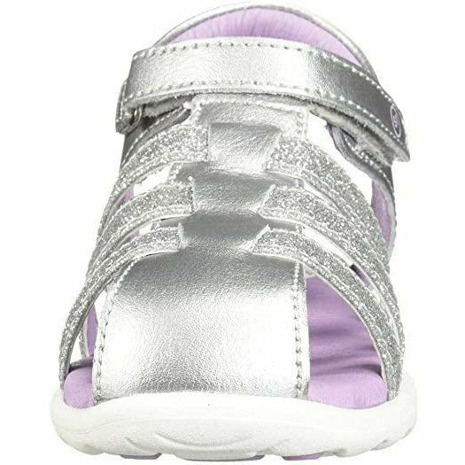 Front of Stride Rite Luna Toddler Sandals in Silver Glitter Leather with velcro adjustable strap
