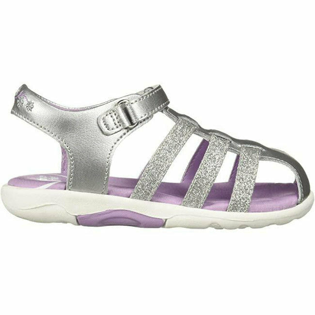 Lateral side of Stride Rite Luna Toddler Sandals in Silver Leather with velcro adjustable strap