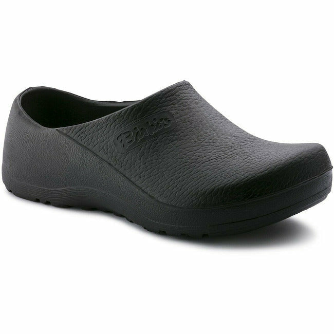 Slightly angled view of Black Birkenstock Professional Profi Birki healthcare and utility clog with &#39;Birki&#39;s&#39; engraving on the right side of the instep, featuring a raised heel, extended front for full foot coverage, nonslip oil- and grease-resistant PU sole, and a removable, washable footbed.&quot;