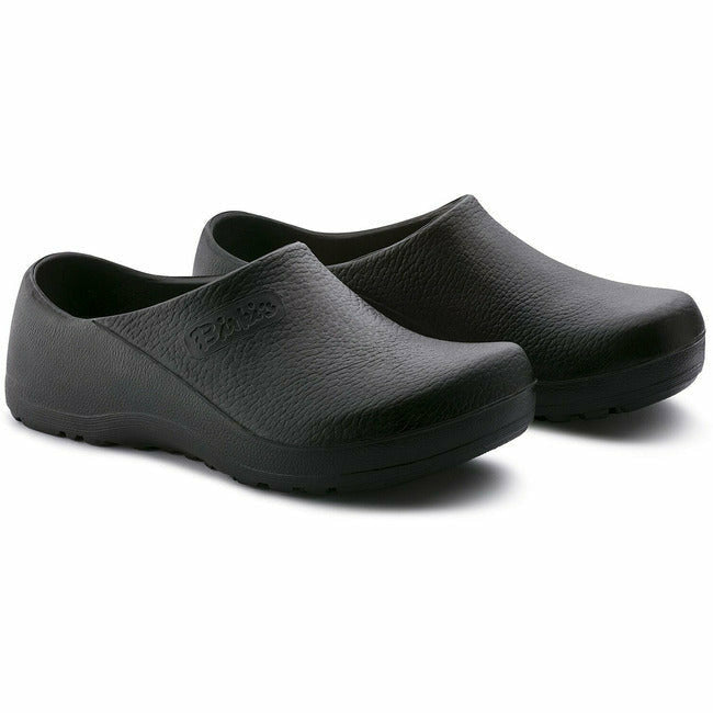 Slightly angled view of a pair of Black Birkenstock Professional Profi Birki healthcare and utility clogs with &