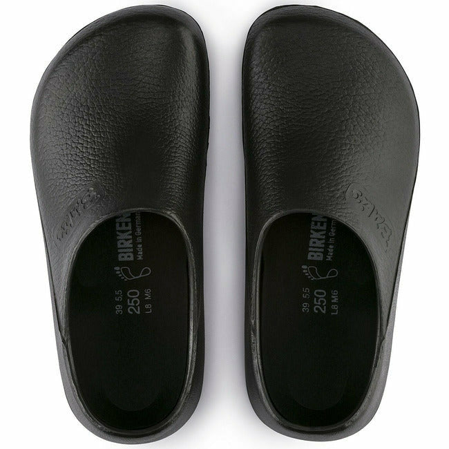 &quot;Top view of a pair of Black Birkenstock Professional Profi Birki healthcare and utility clogs with &#39;Birki&#39;s&#39; engraving on the side of each instep. The clogs feature anatomically shaped, removable PU insoles designed for optimal comfort and support, which are washable up to 60°C to maintain hygiene.