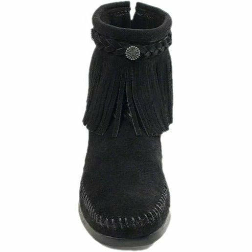 Minnetonka Moccasin Fringe Moc 
Back Zipper Bootie Black Suede Leather MINNETONKA FOOTWEAR Roderer Shoe Center