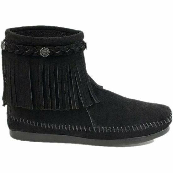 Minnetonka Moccasin Fringe Moc 
Back Zipper Bootie Black Suede Leather MINNETONKA FOOTWEAR Roderer Shoe Center