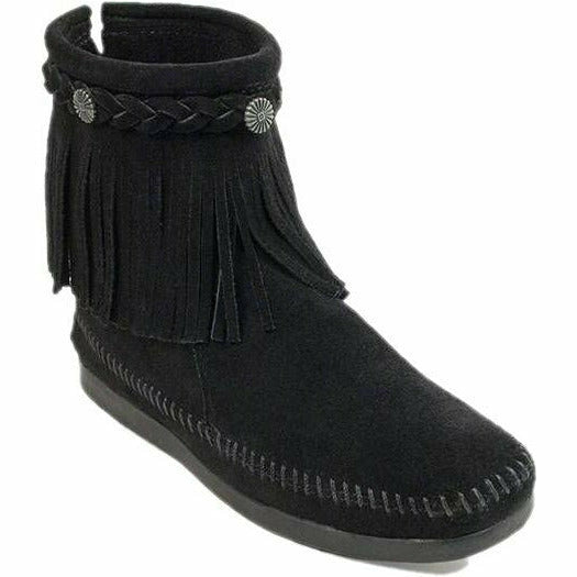 Minnetonka Moccasin Fringe Moc 
Back Zipper Bootie Black Suede Leather MINNETONKA FOOTWEAR Roderer Shoe Center