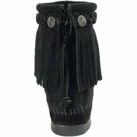 Minnetonka Moccasin Fringe Moc 
Back Zipper Bootie Black Suede Leather MINNETONKA FOOTWEAR Roderer Shoe Center