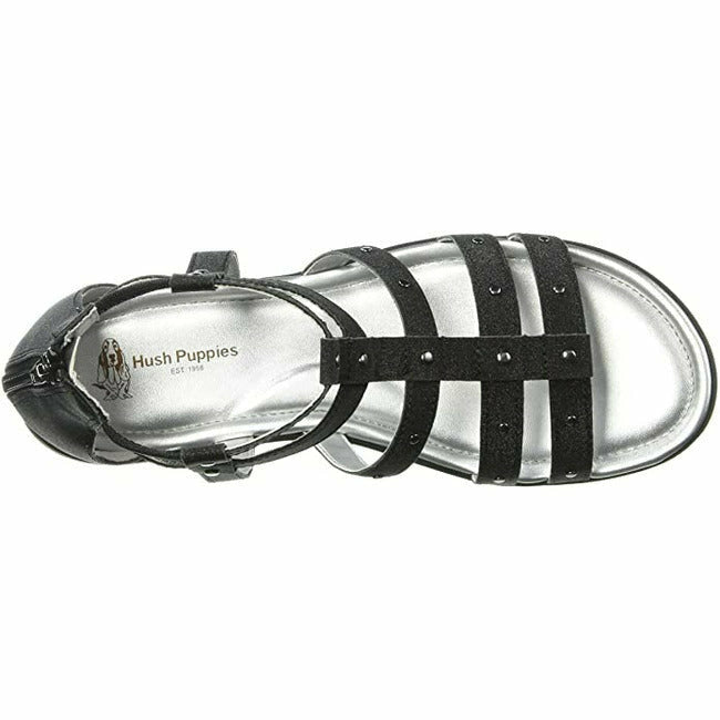 Top down view of Kids Hush Puppies Addie Sandal in Olive Black with a heel zipper