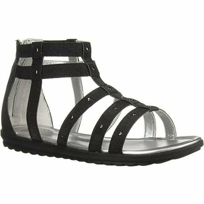 Front angled view of Kids Hush Puppies Addie Sandal in Olive Black with a heel zipper