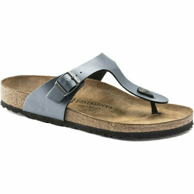 Silver Birkenstock Gizeh sandal with adjustable metal buckle and cork footbed