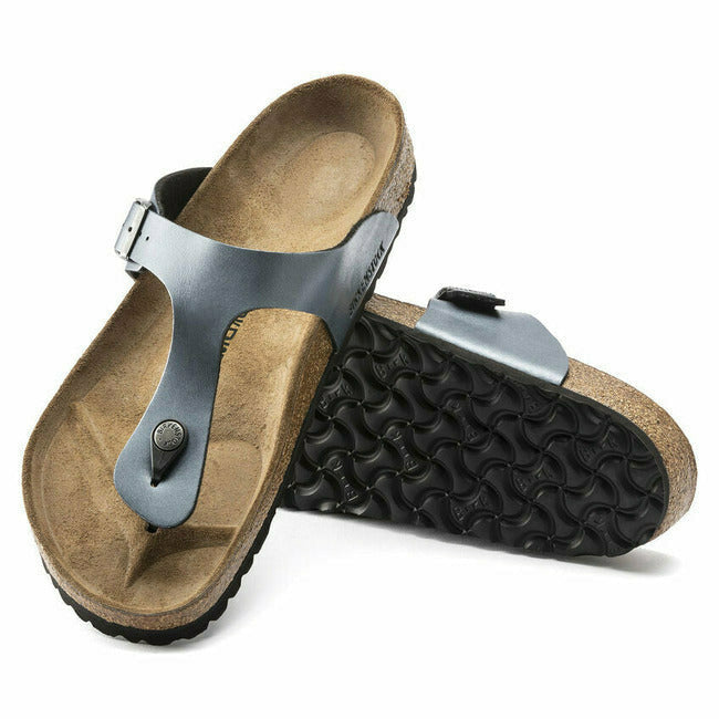 Pair of silver Birkenstock Gizeh sandals. One showing the sole, the other the upper