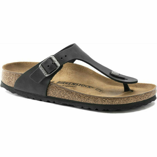 Black Birkenstock Gizeh oiled leather sandal with adjustable metal buckle and cork footbed