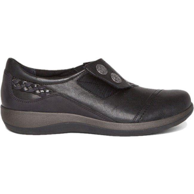 Lateral of Aetrex Women's Karina Shoe in black leather with velcro strap open