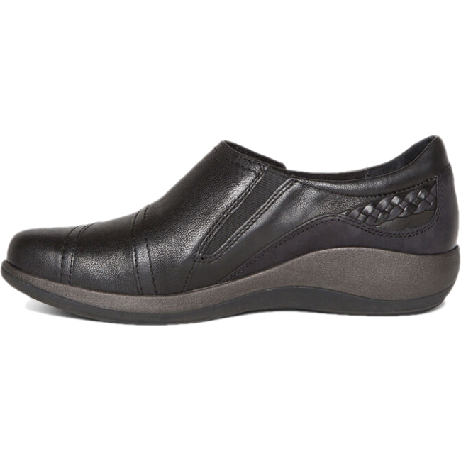 Medial side of Aetrex Women's Karina Shoe in black leather with velcro strap