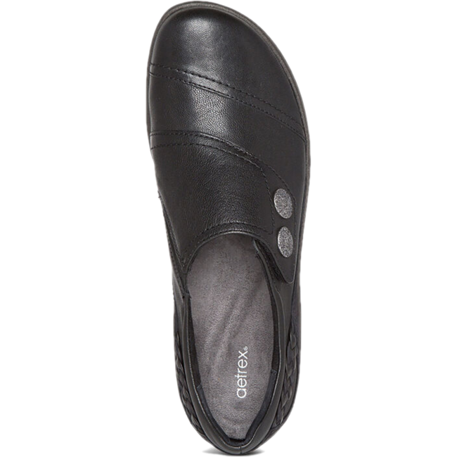 Top down view of Aetrex Women's Karina Shoe in black leather with velcro strap
