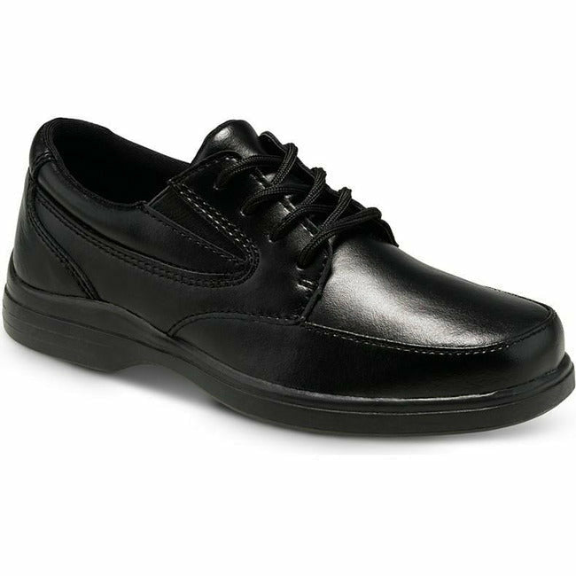 Front angled view of Kids Hush Puppies Ty Oxford Dress Shoe in black leather with laces