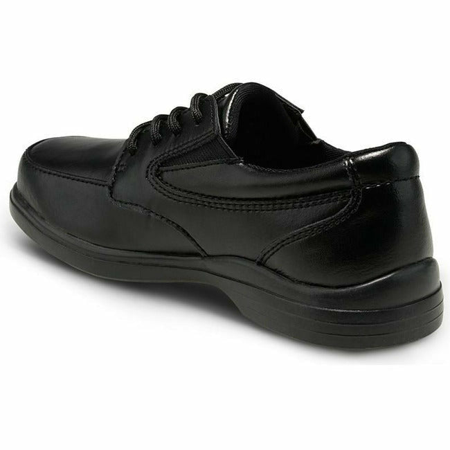 Medial angled view of Kids Hush Puppies Ty Oxford Dress Shoe in black leather with laces