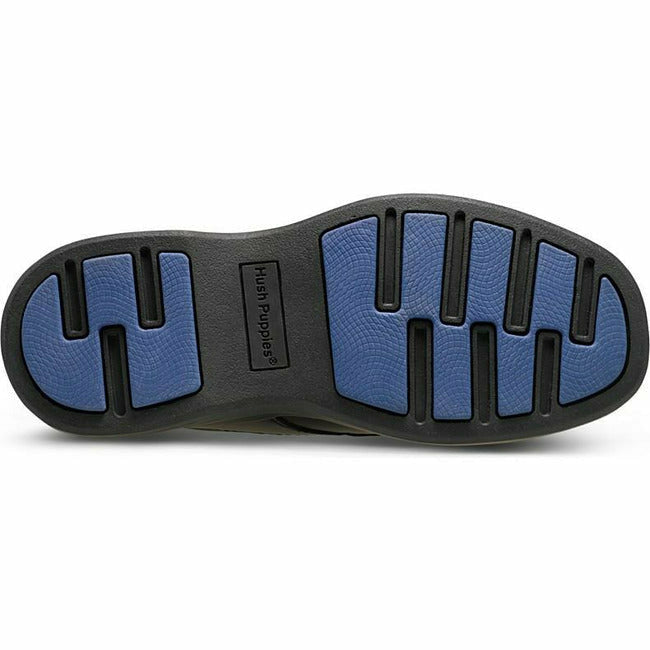 Sole of Kids Hush Puppies Ty Oxford Dress Shoe in black leather upper with black sole and blue tread