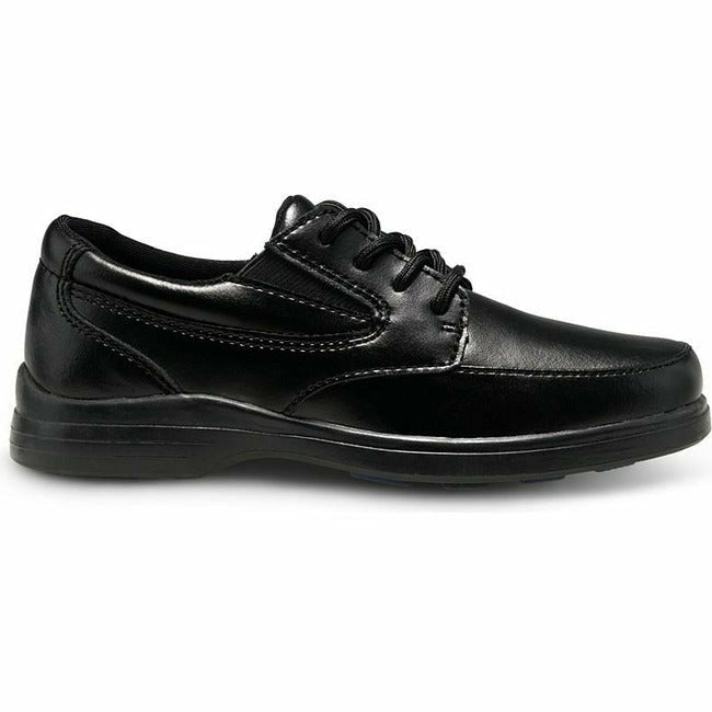 Lateral side of Kids Hush Puppies Ty Oxford Dress Shoe in black leather with laces