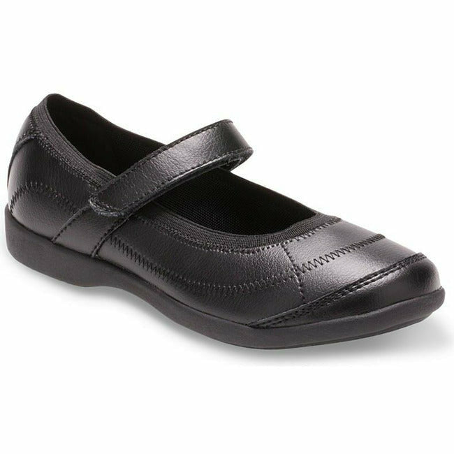Front angled view of Kids Hush Puppies Mary Jane Reese Shoe in black leather