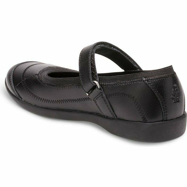 Medial angled view of Kids Hush Puppies Mary Jane Reese Shoe in black leather