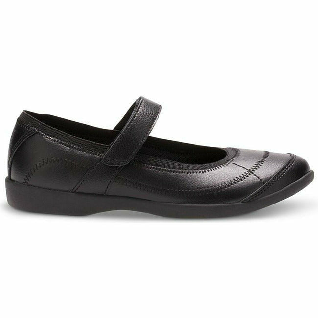 Lateral side of Kids Hush Puppies Mary Jane Reese Shoe in black leather