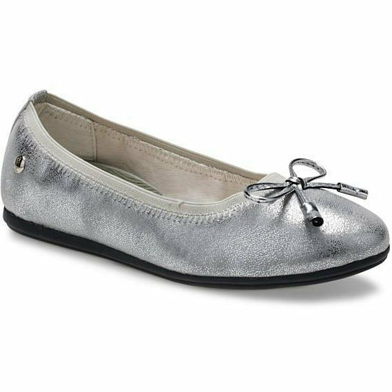Front angled view of Kids Hush Puppies Josie Flat in silver with a bow tie