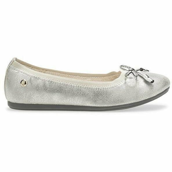 Lateral side of Kids Hush Puppies Josie Flat in silver with a bow tie