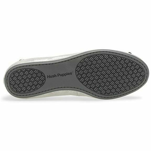 Sole of Kids Hush Puppies Josie Flat in silver with a thin black outsole