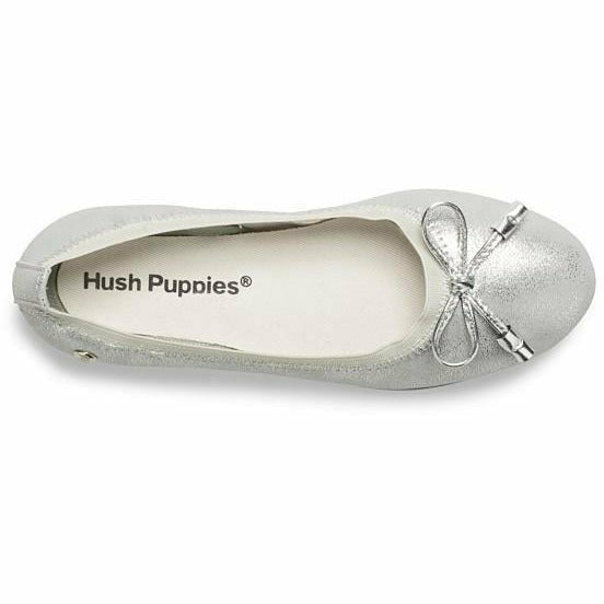 Top down view of Kids Hush Puppies Josie Flat in silver with a bow tie