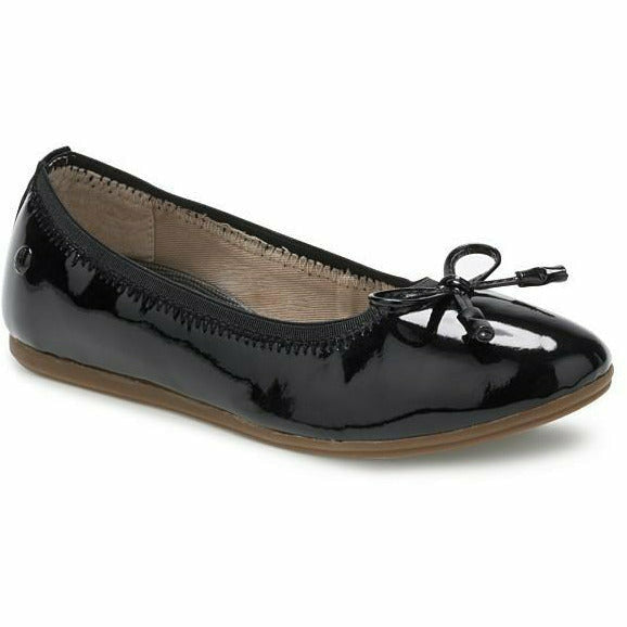 Front angled view of Kids Hush Puppies Josie Flat in patent black with a bow tie