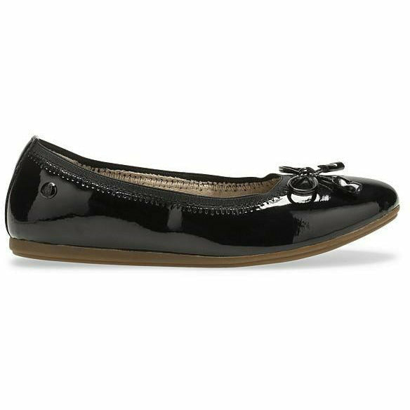 Lateral side of Kids Hush Puppies Josie Flat in patent black with a bow tie