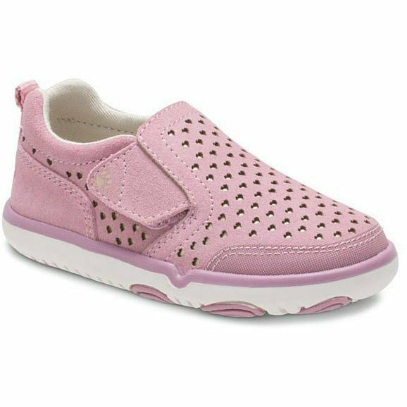 Front angled view of Kids Hush Puppies Marley Sneaker in pink suede with velcro closure