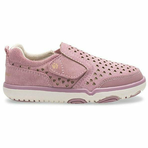 Lateral side of Kids Hush Puppies Marley Sneaker in pink suede with velcro closure open