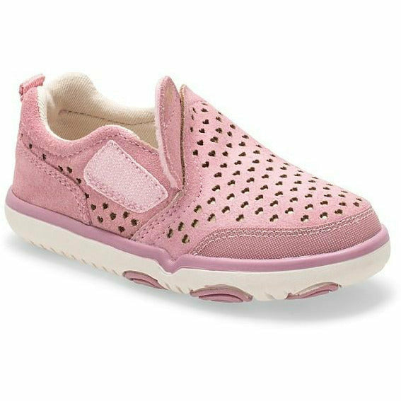 Front angled view of Kids Hush Puppies Marley Sneaker in pink suede with velcro closure open