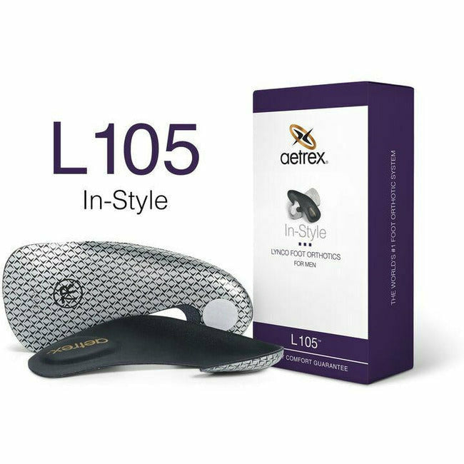 Box of Aetrex Men's L105 Orthotic W/ Metatarsal Support. Best for Dress shoes