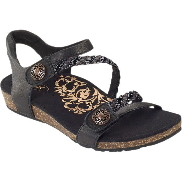 Front angled view of Aetrex Women's Jillian Braided Quarter Strap Sandal in black