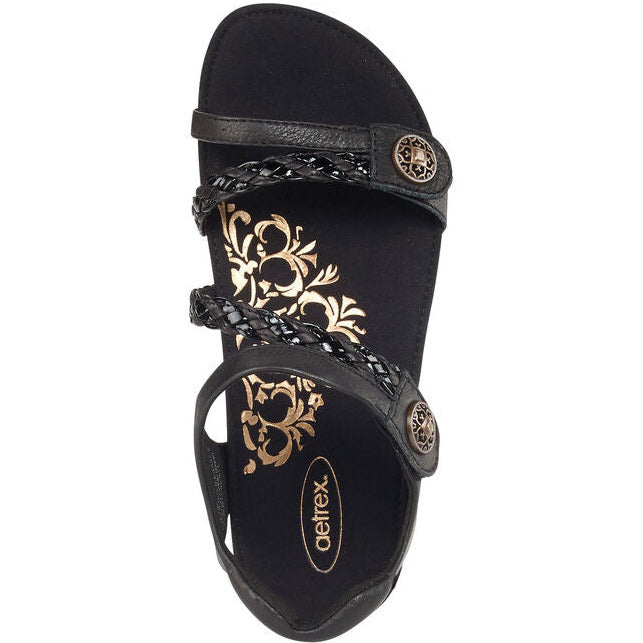 Top down view of Aetrex Women&#39;s Jillian Braided Quarter Strap Sandal in black