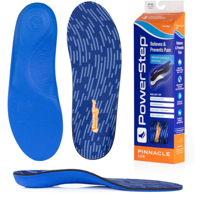 Unisex PowerStep Pinnacle Low Orthotic Insoles showing upper, sole, and box