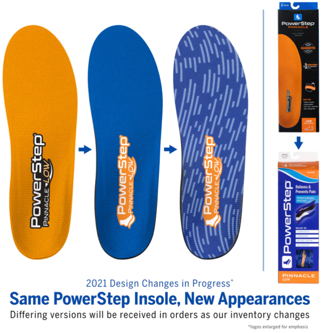 Old versus new appearance of Unisex PowerStep Pinnacle Low Orthotic Insoles