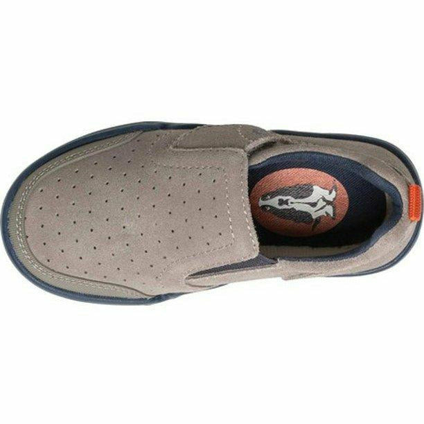 Top down view of Kids Hush Puppies Marley Sneaker in grey suede with navy accents and velcro closure