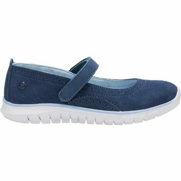 Lateral side of Kids Hush Puppies Mary Jane H-Flote Tricia Shoe in Navy suede