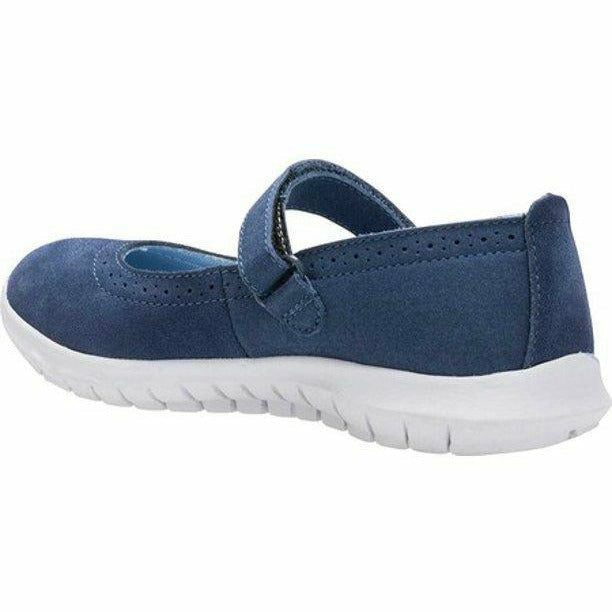 Medial angled view of Kids Hush Puppies Mary Jane H-Flote Tricia Shoe in Navy suede