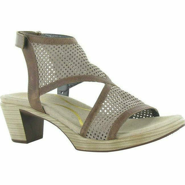Naot Women's Destiny Sandal Cushioned Cork Footbed Perf Stone/Saddle NAOT FOOTWEAR Roderer Shoe Center