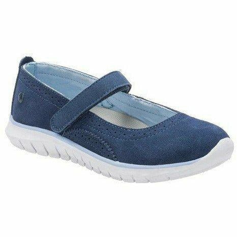 Front angled view of Kids Hush Puppies Mary Jane H-Flote Tricia Shoe in Navy suede