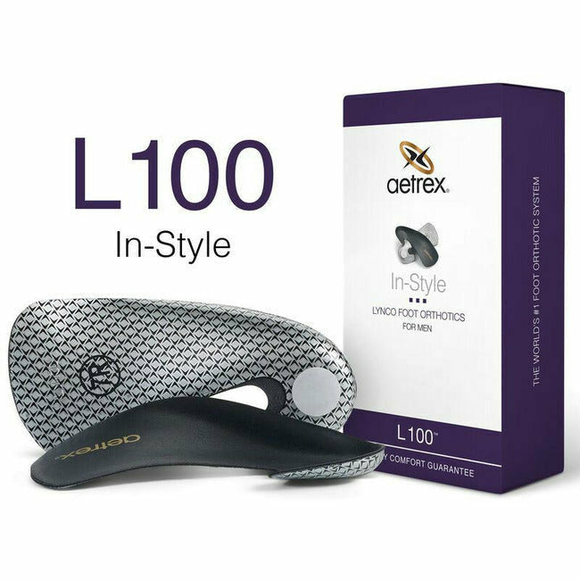 Box of Aetrex Men's L100 Orthotic Arch Support. Best for dress shoes