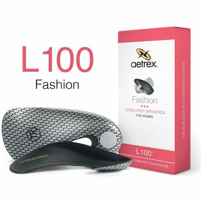 Box of Aetrex Women's L100 Orthotic Arch Support. Best for Pumps, Heels, Flats, and Dress shoes 
