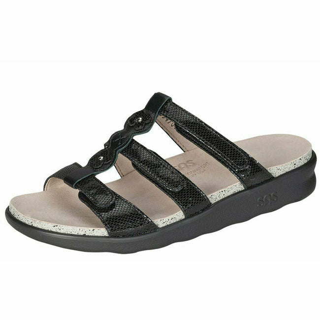 SAS Naples Women's Slide Slip On  Velcro Sandal Black Snake Leather SAS FOOTWEAR Roderer Shoe Center