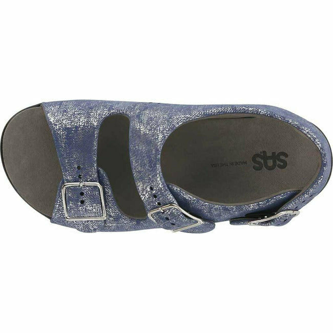 SAS Relaxed Adjustable Strap Slingback Sandal. Silver Blue Leather SAS FOOTWEAR Roderer Shoe Center